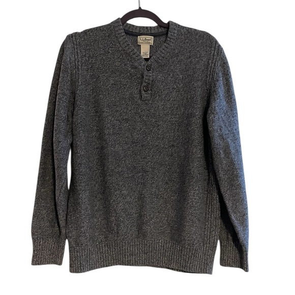 L.L. Bean Henley Sweater Large Gray Wool Cotton Heathered Pullover - Picture 1 of 5